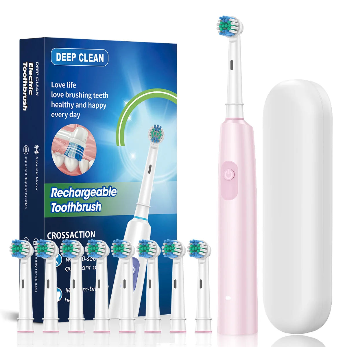 Smart Electric Toothbrush Rechargeable Rotary Tooth Brush for Adults Deep Teeth Cleaning with 8 Soft Brush Heads Oral Care