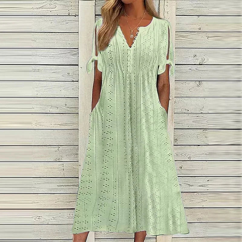 Women Long Dress V Neck Maxi Dresses Casual Loose High Waist Embroidered Dress Ladies Short Sleeve Party Sexy Dress With Pocket