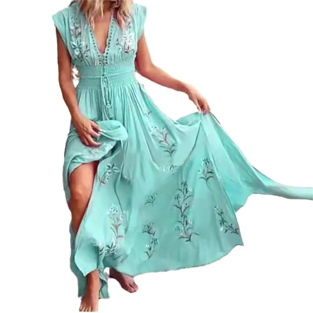 Women's Sexy Summer Print Beach Holiday Long Dresses Fashion Deep V Neck High Waist Lace Up Slim Elegant Female Bohemian Dress