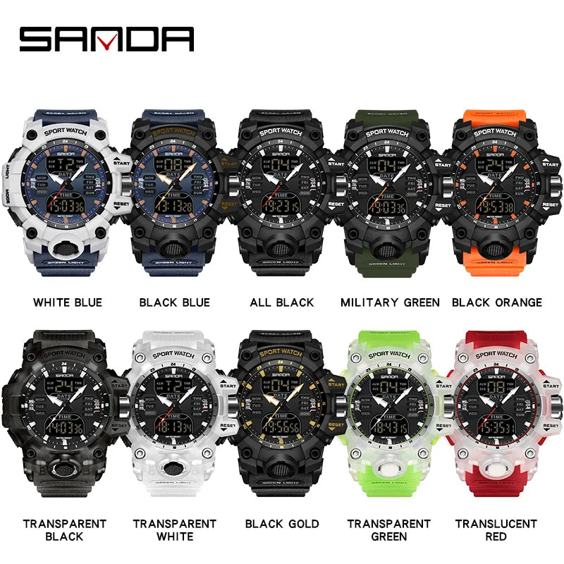 SANDA Luxury G Style Men's Electronic Watch Outdoor Sports LED Analog Digital Chronograph Military Dual Display 50M Waterproof