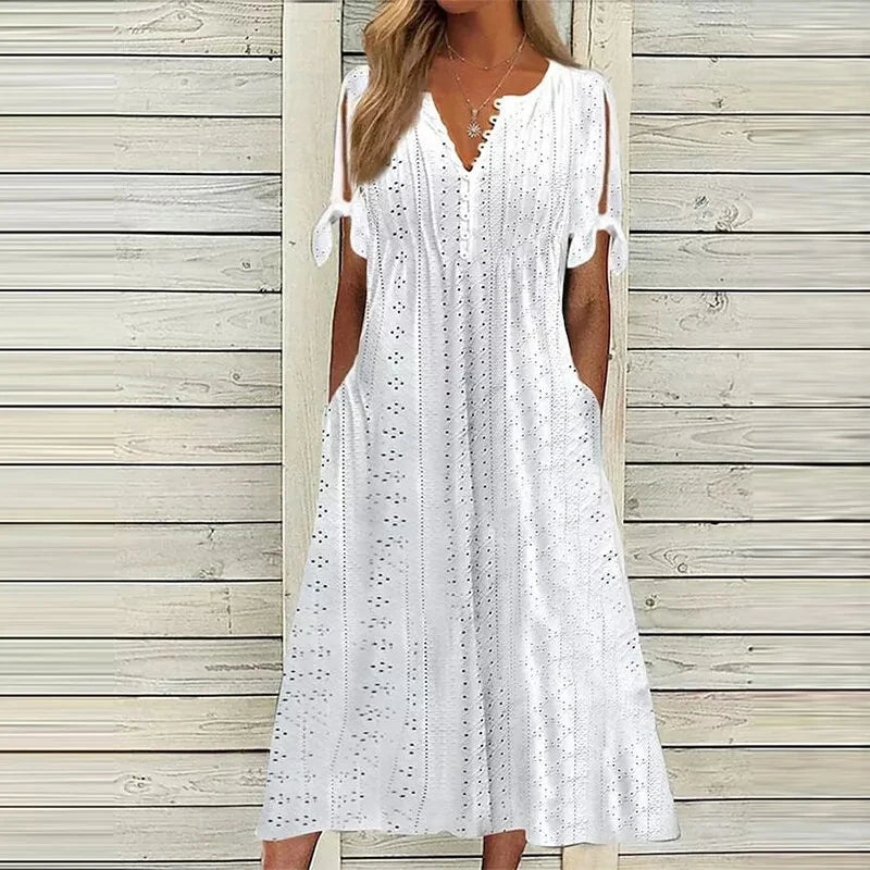 Women Long Dress V Neck Maxi Dresses Casual Loose High Waist Embroidered Dress Ladies Short Sleeve Party Sexy Dress With Pocket