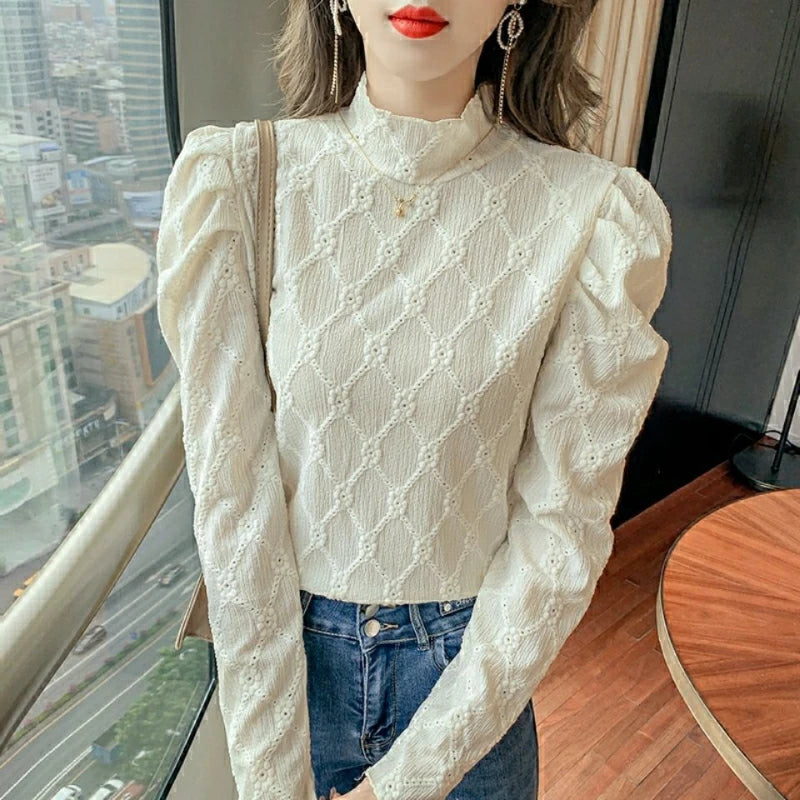 High Neck White Lace Tops Tees Spring Autumn New Long Sleeve Solid Color Elegant T Shirts Fashion High Street Women Clothing