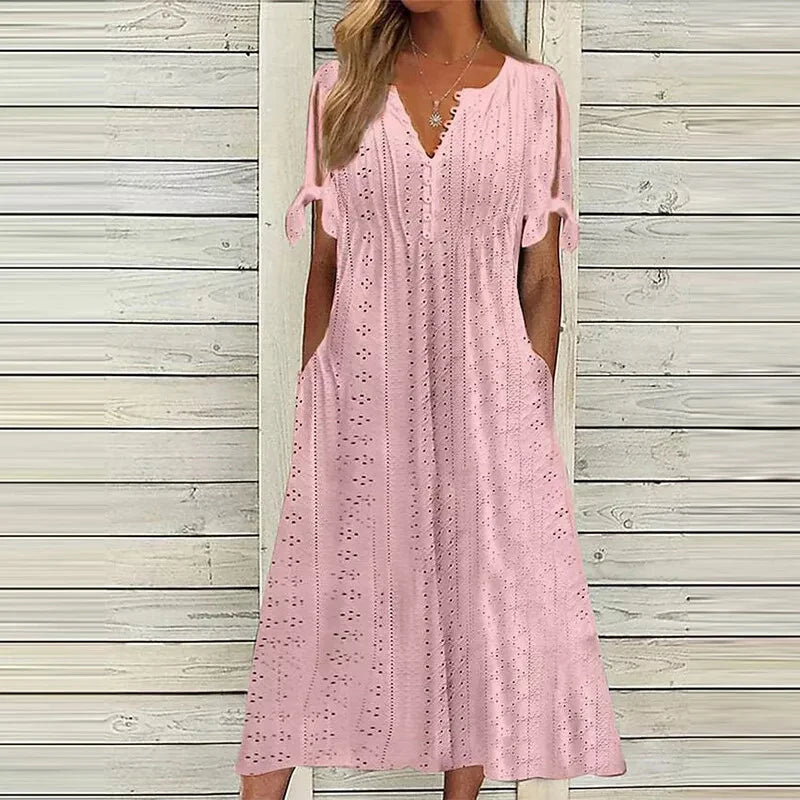 Women Long Dress V Neck Maxi Dresses Casual Loose High Waist Embroidered Dress Ladies Short Sleeve Party Sexy Dress With Pocket