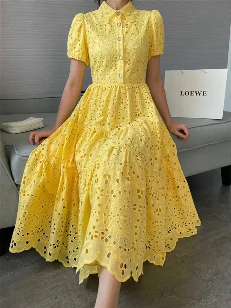 Sundress Boho Fashion A Line Vestidos Elbise Frocks Vintage Elegant Women Summer Embroidery Hollow Out Midi Long Dresses Lady