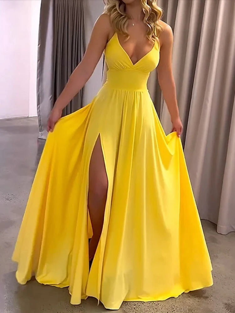 Dress Women Long Dresses Party V Neck Backless Maxi Sleeveless Sling Beach Y2k High Waist Sexy Elegant Splice A Line Vestidos