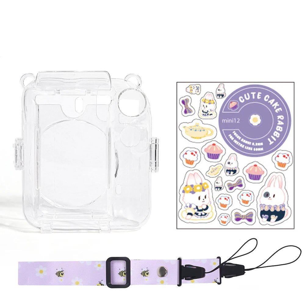 For Fujifilm Instax Mini 12 Transparent Camera Case With Photo Storage Bag Crystal Shell Strap Rope Sticker Sets