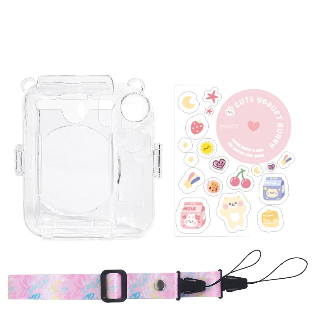 For Fujifilm Instax Mini 12 Transparent Camera Case With Photo Storage Bag Crystal Shell Strap Rope Sticker Sets