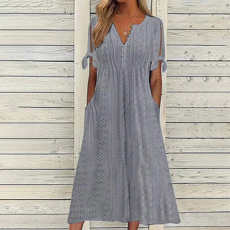 Women Long Dress V Neck Maxi Dresses Casual Loose High Waist Embroidered Dress Ladies Short Sleeve Party Sexy Dress With Pocket