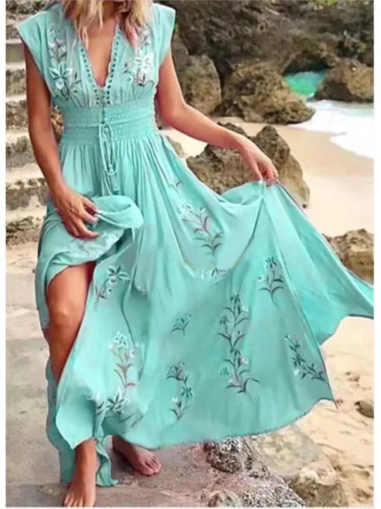 Women's Sexy Summer Print Beach Holiday Long Dresses Fashion Deep V Neck High Waist Lace Up Slim Elegant Female Bohemian Dress