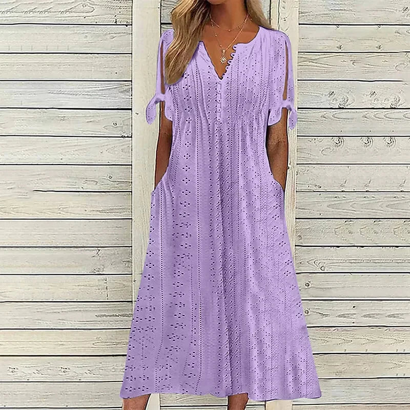 Women Long Dress V Neck Maxi Dresses Casual Loose High Waist Embroidered Dress Ladies Short Sleeve Party Sexy Dress With Pocket