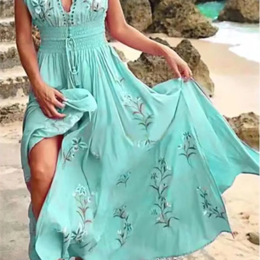 Women's Sexy Summer Print Beach Holiday Long Dresses Fashion Deep V Neck High Waist Lace Up Slim Elegant Female Bohemian Dress