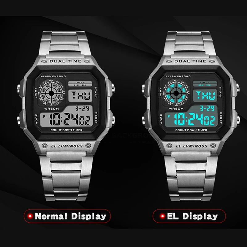 YIKAZE Digital Watch Men's Watch Stainless Steel Strap Countdown Sport Watches Waterproof Led Electronic Wristwatch for Men Gift