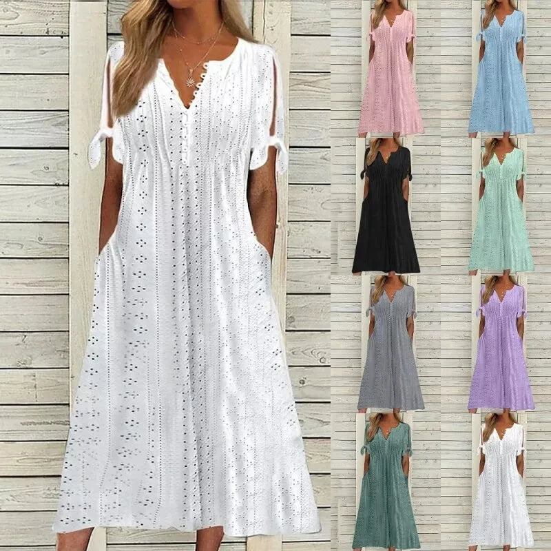 Women Long Dress V Neck Maxi Dresses Casual Loose High Waist Embroidered Dress Ladies Short Sleeve Party Sexy Dress With Pocket