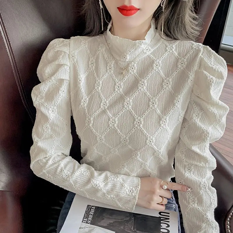 High Neck White Lace Tops Tees Spring Autumn New Long Sleeve Solid Color Elegant T Shirts Fashion High Street Women Clothing