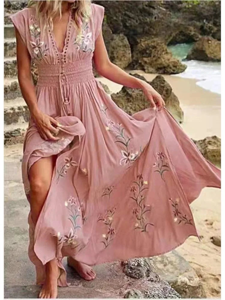 Women's Sexy Summer Print Beach Holiday Long Dresses Fashion Deep V Neck High Waist Lace Up Slim Elegant Female Bohemian Dress