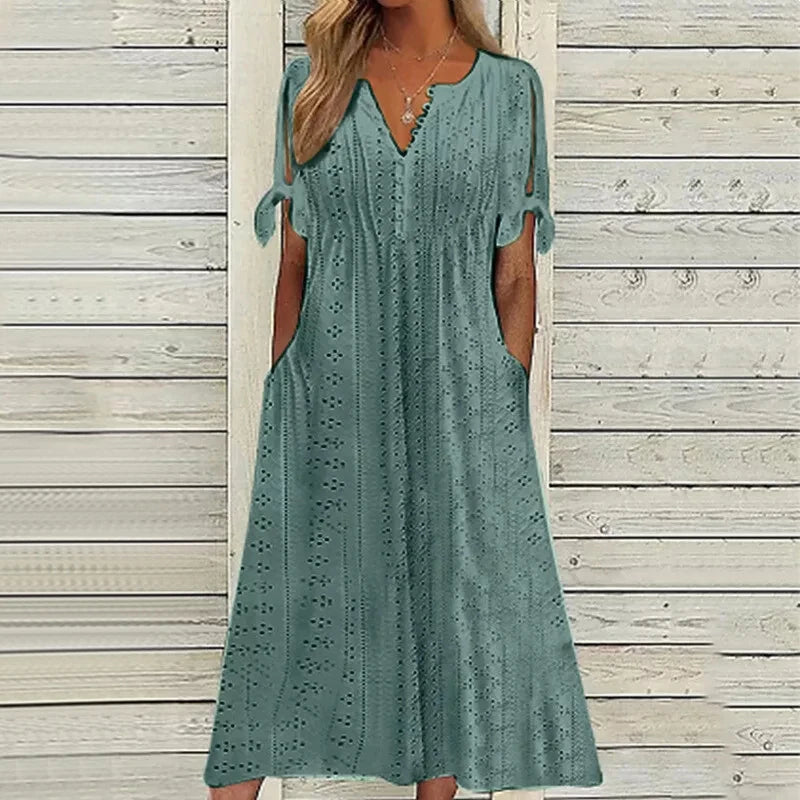 Women Long Dress V Neck Maxi Dresses Casual Loose High Waist Embroidered Dress Ladies Short Sleeve Party Sexy Dress With Pocket