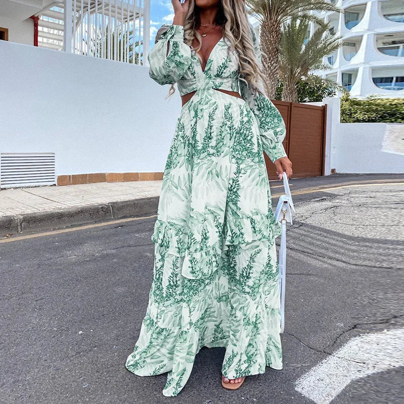 Spring New Long Dress Fashion Print Sexy Deep V-neck Long Sleeved Dress Women's Elegant Hollow Out Ruffle Spliced Maxi Dress