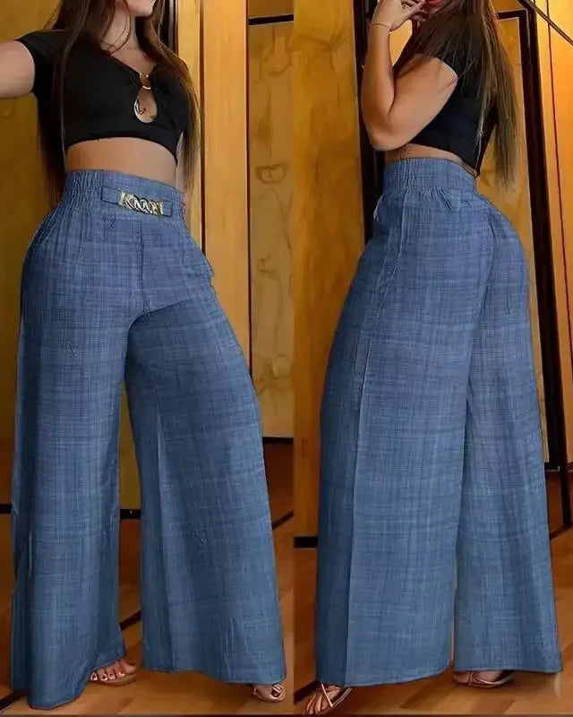 Women's High Waist Wide Leg Pants, Elegant Chain Decor, Black Trousers, Casual Clothes, White, Summer