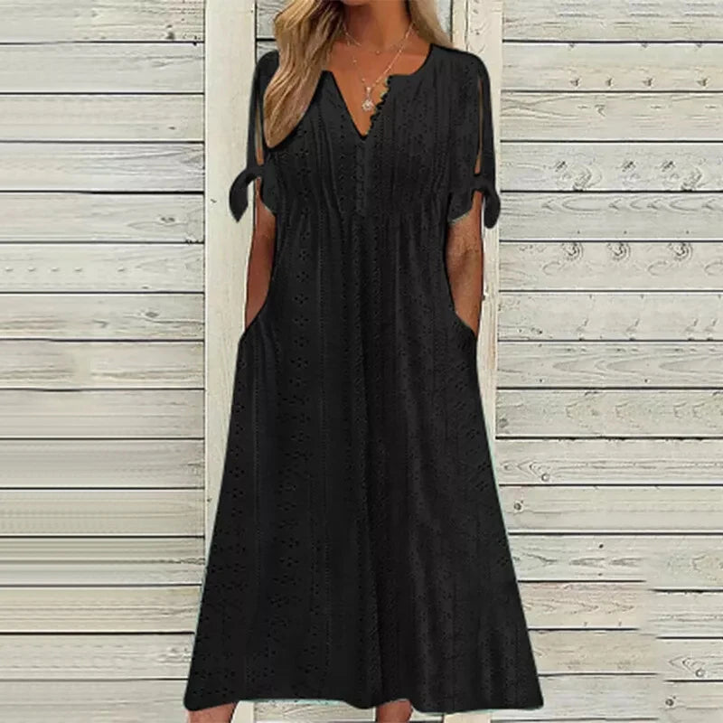 Women Long Dress V Neck Maxi Dresses Casual Loose High Waist Embroidered Dress Ladies Short Sleeve Party Sexy Dress With Pocket