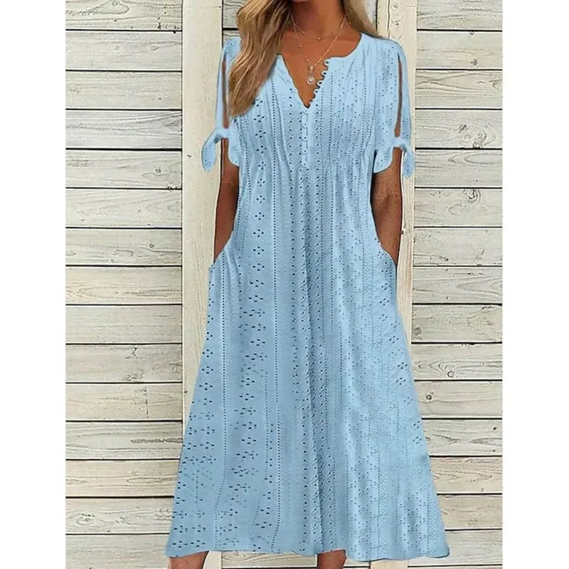 Summer New Women's Dress With Hollow Out V-neck Lace Ruffles Chic Elegant Long Dresses Pullover High Waist White Beach Vestidos