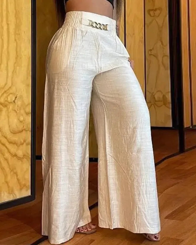 Women's High Waist Wide Leg Pants, Elegant Chain Decor, Black Trousers, Casual Clothes, White, Summer