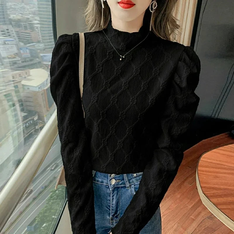 High Neck White Lace Tops Tees Spring Autumn New Long Sleeve Solid Color Elegant T Shirts Fashion High Street Women Clothing