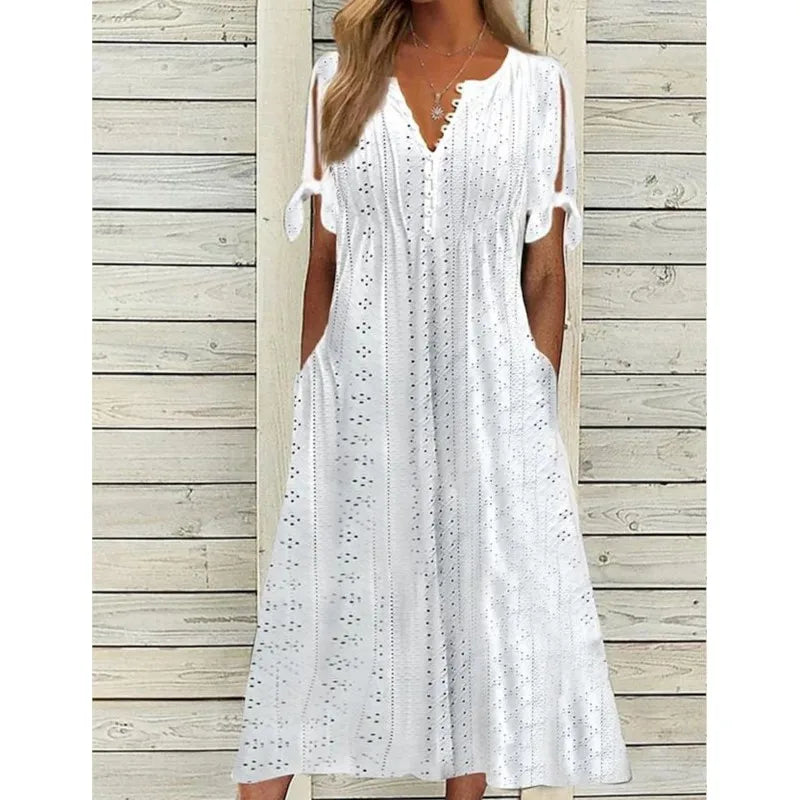 Summer New Women's Dress With Hollow Out V-neck Lace Ruffles Chic Elegant Long Dresses Pullover High Waist White Beach Vestidos