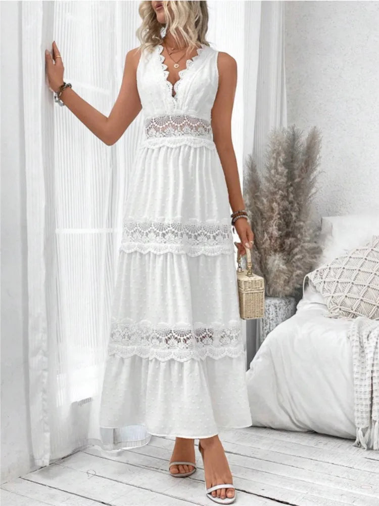 Women's White Party Dress Fashion Lace V-neck Ruffle Hook Flower Hollow Waist Maxi Women Dresses Summer Sexy Prom Female Vestido