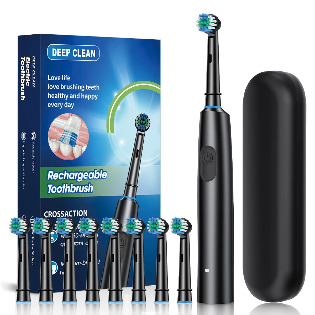 Smart Electric Toothbrush Rechargeable Rotary Tooth Brush for Adults Deep Teeth Cleaning with 8 Soft Brush Heads Oral Care