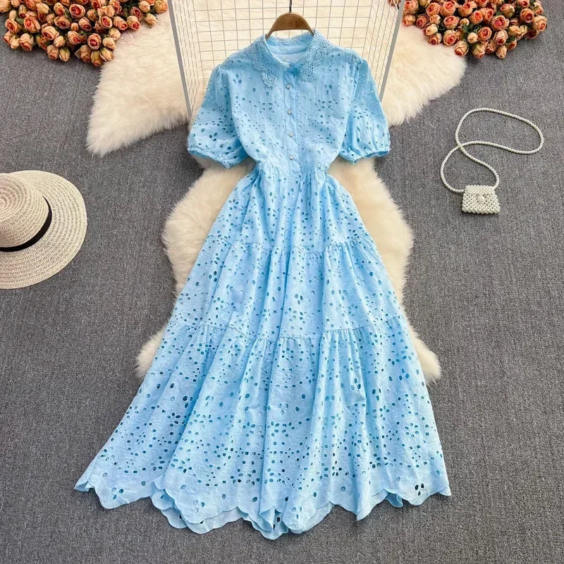 Sundress Boho Fashion A Line Vestidos Elbise Frocks Vintage Elegant Women Summer Embroidery Hollow Out Midi Long Dresses Lady