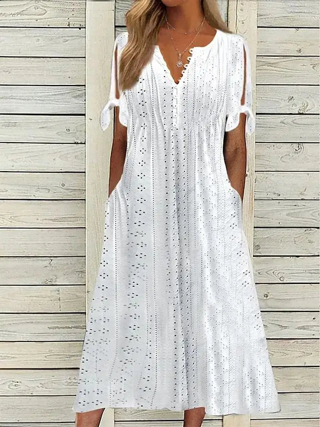 Summer New Women's Dress With Hollow Out V-neck Lace Ruffles Chic Elegant Long Dresses Pullover High Waist White Beach Vestidos