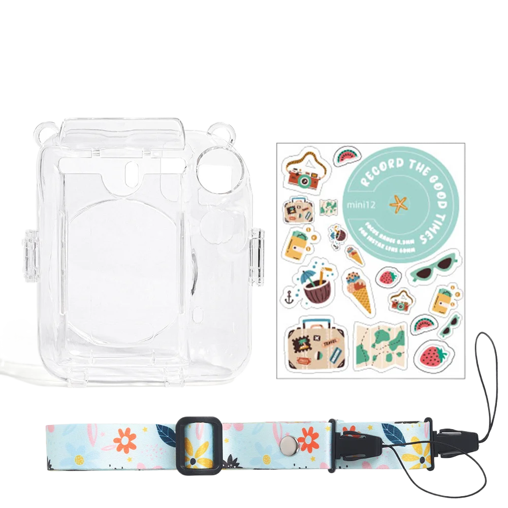 For Fujifilm Instax Mini 12 Transparent Camera Case With Photo Storage Bag Crystal Shell Strap Rope Sticker Sets