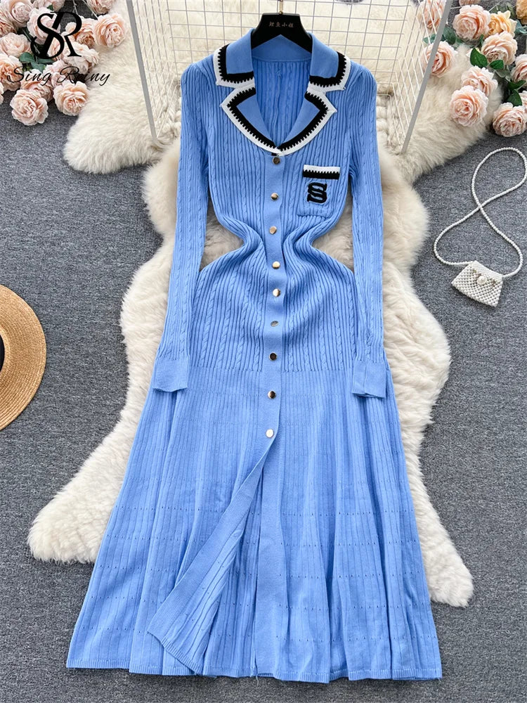 SINGREINY Autumn Winter Wear Dress Women Polo Single Breasted Pocket Design Bodycon Knitting Temperament Sweater Long Dresses