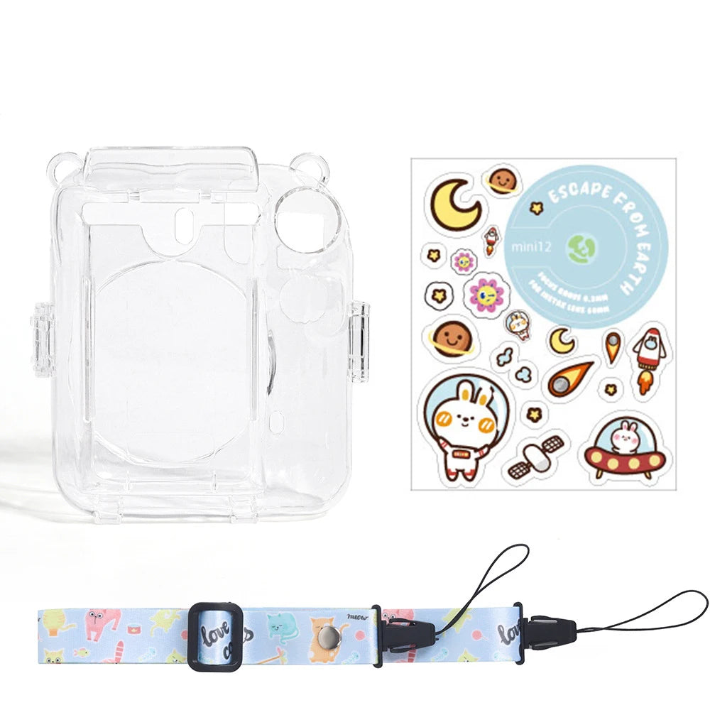 For Fujifilm Instax Mini 12 Transparent Camera Case With Photo Storage Bag Crystal Shell Strap Rope Sticker Sets