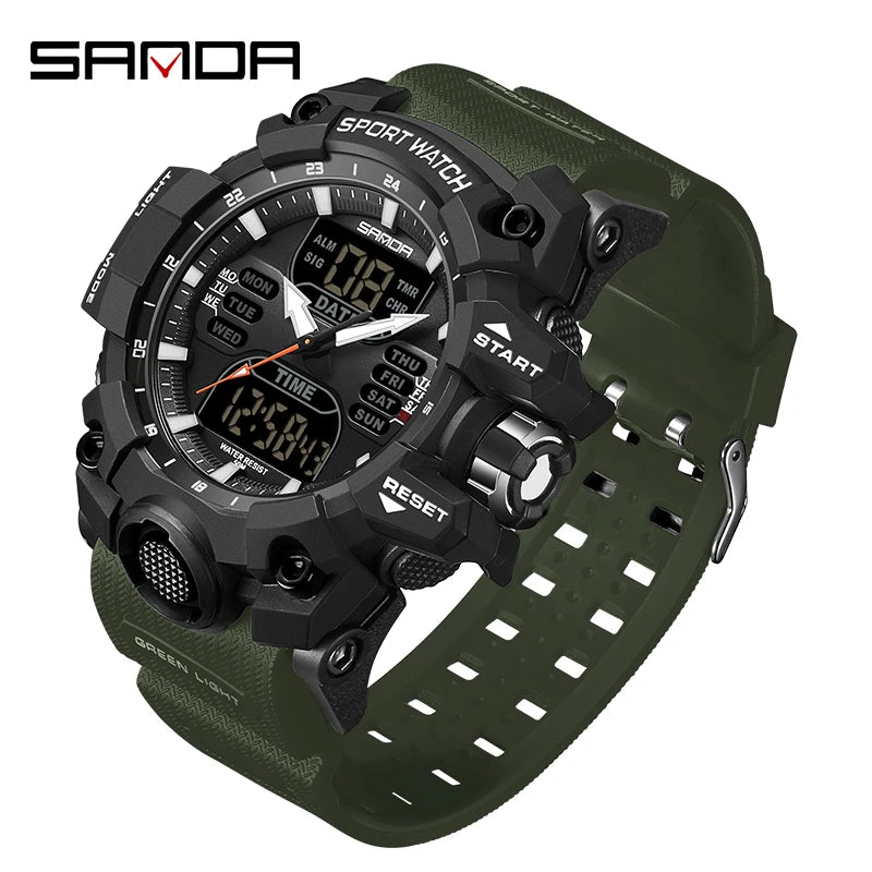 SANDA Luxury G Style Men's Electronic Watch Outdoor Sports LED Analog Digital Chronograph Military Dual Display 50M Waterproof