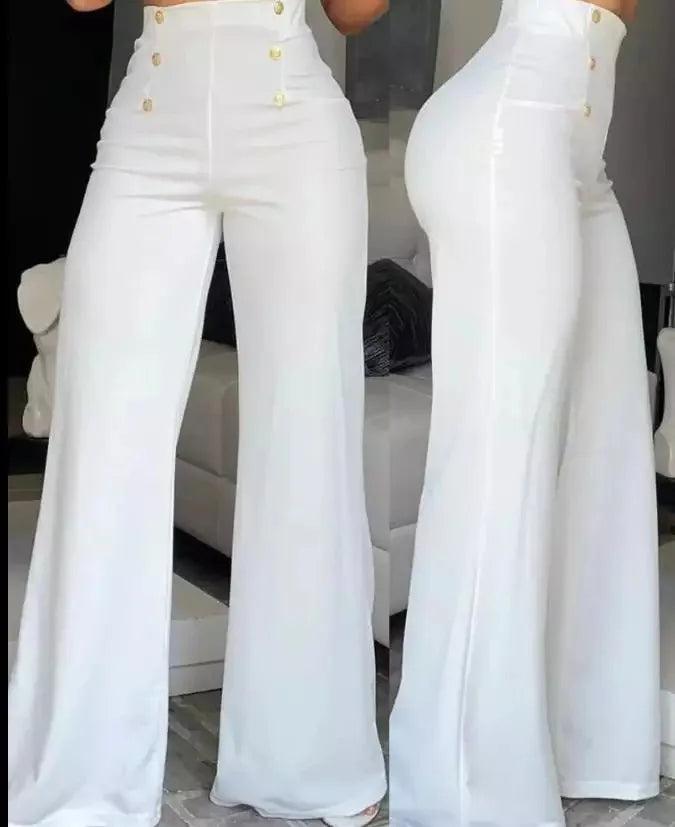 Women's High Waist Wide Leg Pants, Elegant Chain Decor, Black Trousers, Casual Clothes, White, Summer