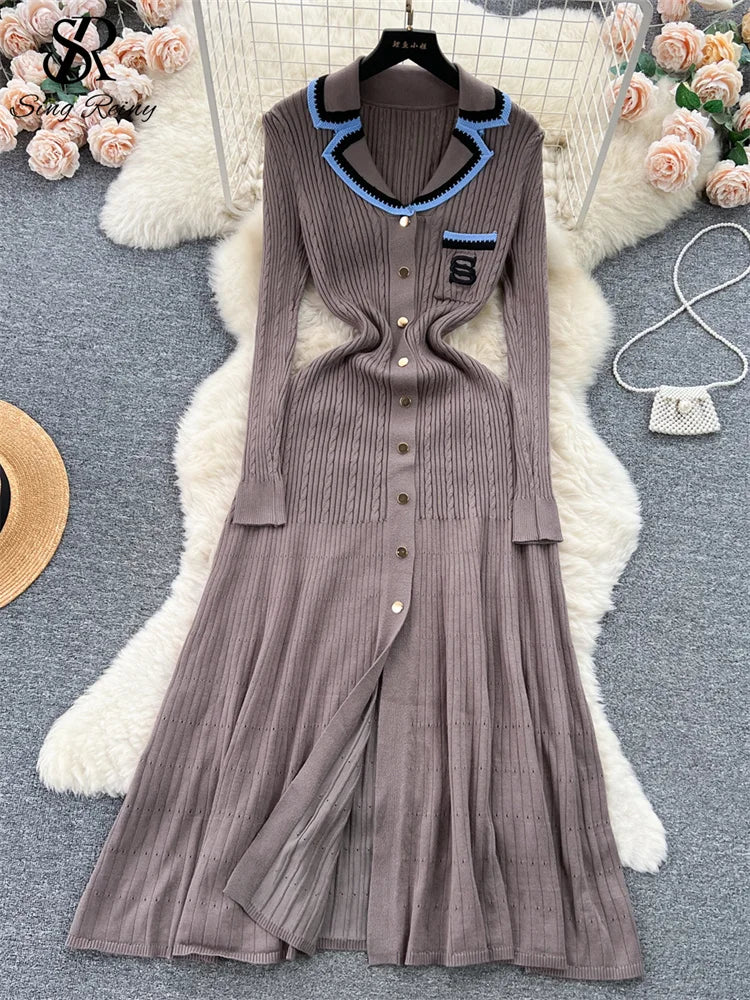 SINGREINY Autumn Winter Wear Dress Women Polo Single Breasted Pocket Design Bodycon Knitting Temperament Sweater Long Dresses