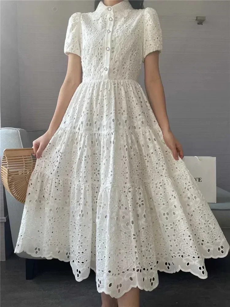 Sundress Boho Fashion A Line Vestidos Elbise Frocks Vintage Elegant Women Summer Embroidery Hollow Out Midi Long Dresses Lady