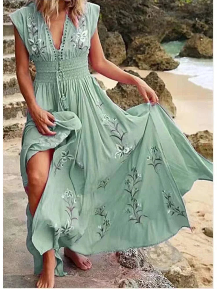 Women's Sexy Summer Print Beach Holiday Long Dresses Fashion Deep V Neck High Waist Lace Up Slim Elegant Female Bohemian Dress