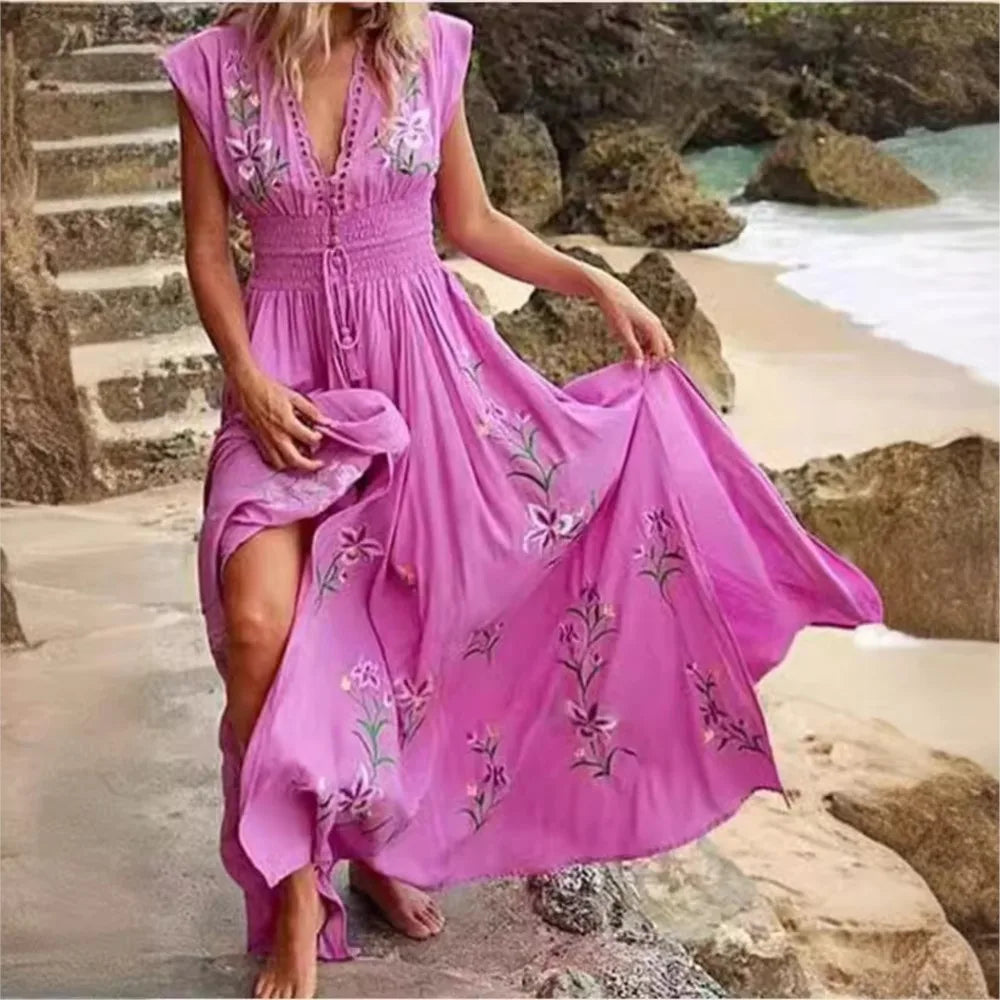 Women's Sexy Summer Print Beach Holiday Long Dresses Fashion Deep V Neck High Waist Lace Up Slim Elegant Female Bohemian Dress