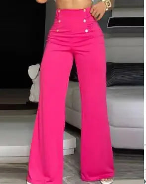 Women's High Waist Wide Leg Pants, Elegant Chain Decor, Black Trousers, Casual Clothes, White, Summer