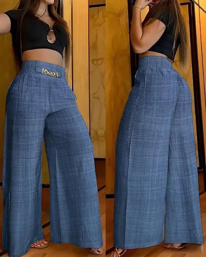 Women's High Waist Wide Leg Pants, Elegant Chain Decor, Black Trousers, Casual Clothes, White, Summer