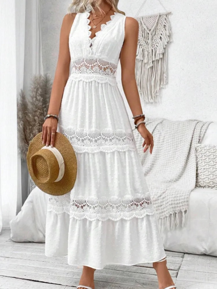 Women's White Party Dress Fashion Lace V-neck Ruffle Hook Flower Hollow Waist Maxi Women Dresses Summer Sexy Prom Female Vestido