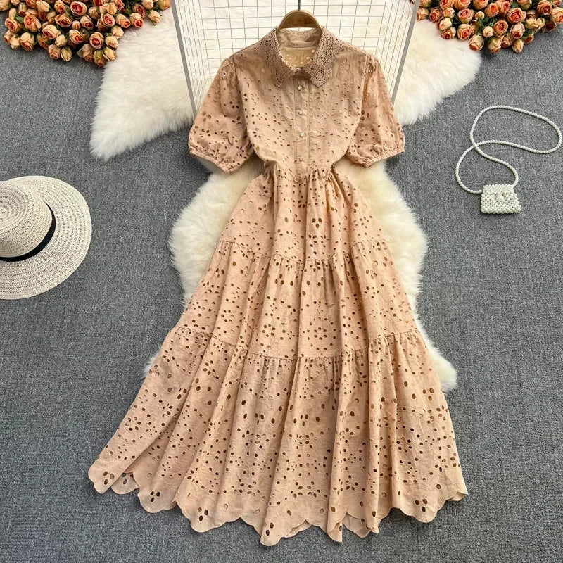 Sundress Boho Fashion A Line Vestidos Elbise Frocks Vintage Elegant Women Summer Embroidery Hollow Out Midi Long Dresses Lady