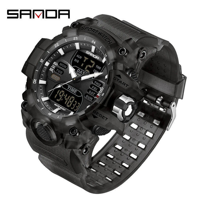 SANDA Luxury G Style Men's Electronic Watch Outdoor Sports LED Analog Digital Chronograph Military Dual Display 50M Waterproof