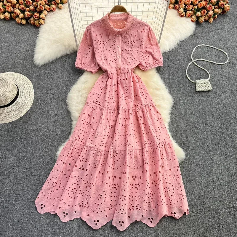 Sundress Boho Fashion A Line Vestidos Elbise Frocks Vintage Elegant Women Summer Embroidery Hollow Out Midi Long Dresses Lady