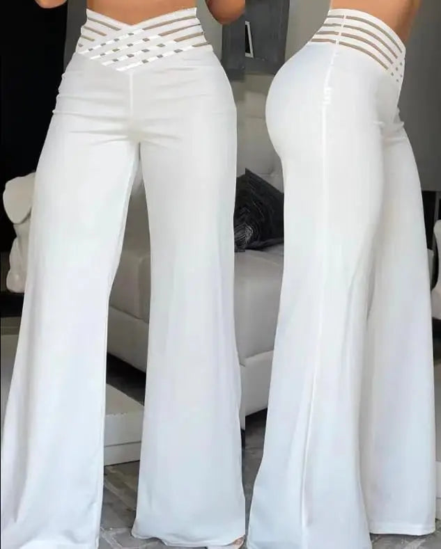 Women's High Waist Wide Leg Pants, Elegant Chain Decor, Black Trousers, Casual Clothes, White, Summer