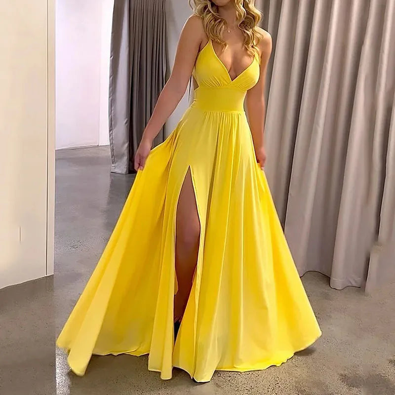 Dress Women Long Dresses Party V Neck Backless Maxi Sleeveless Sling Beach Y2k High Waist Sexy Elegant Splice A Line Vestidos