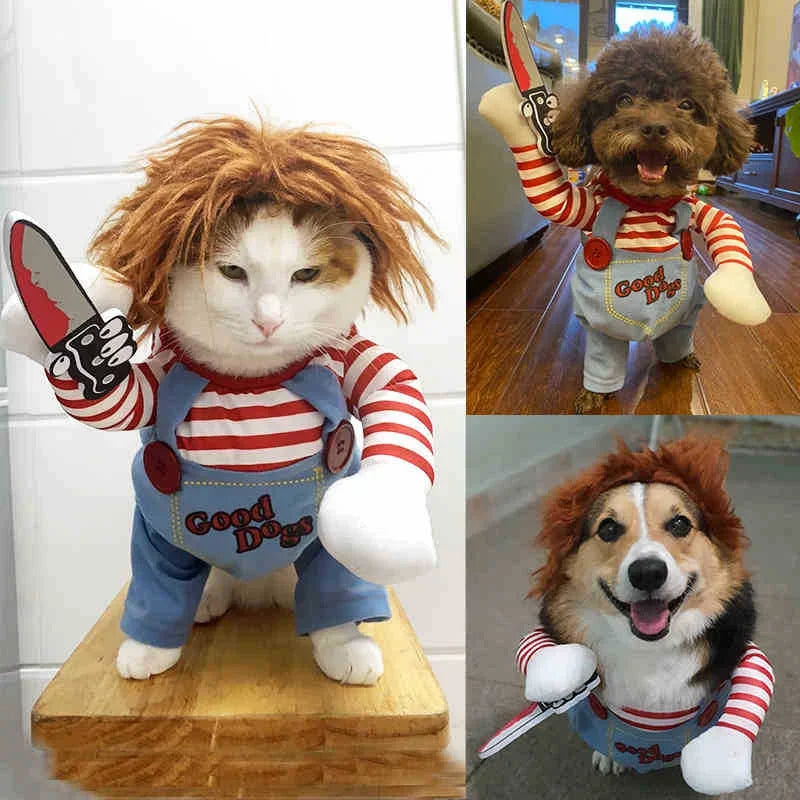 Halloween Dog Cat Clothes Funny Pet Costume Adjustable Dog Deadly Doll Cosplay Party Sets Novelty Clothing Fancy Festival Cloth