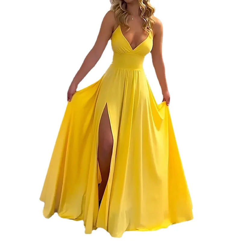 Dress Women Long Dresses Party V Neck Backless Maxi Sleeveless Sling Beach Y2k High Waist Sexy Elegant Splice A Line Vestidos